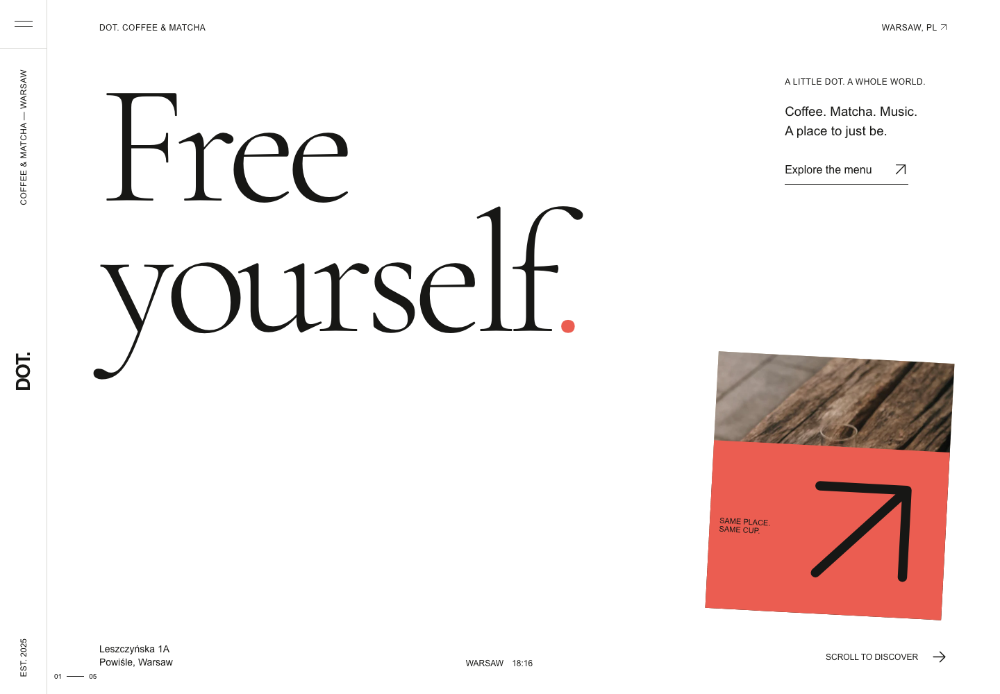 Independent website concept for DOT. WARSAW with editorial typography and a coral image card